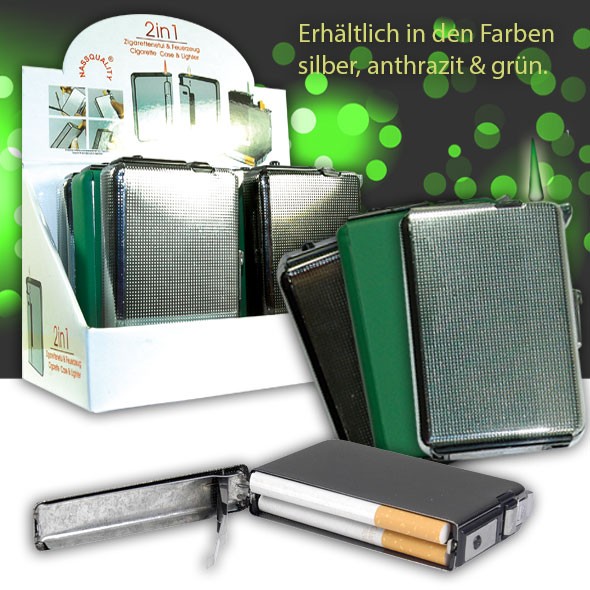 1er-Packung Zigarettenetui + Sturmfeuerzeug, grüne Sturmflamme