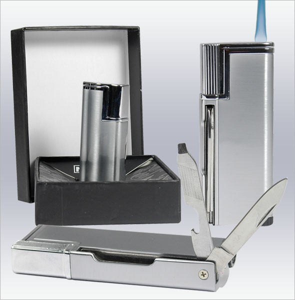 1x Gasfeuerzeug "Four Tools" in einer Geschenkbox, Nachfüllbar, nützliche Werkzeuge integriert,silbe