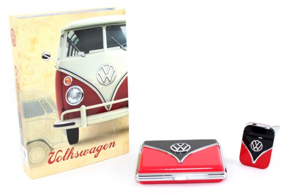 VW Volkswagen Feuerzeug + Zigarettenetui 18 Zigaretten schwarz/rot im Buchetui
