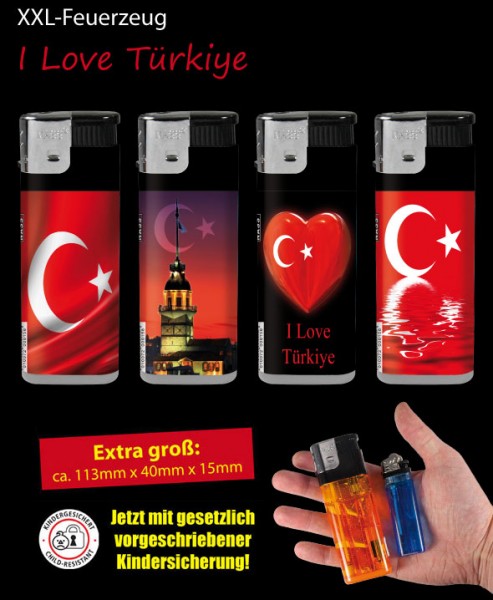 20x XXL Feuerzeuge &quot;I love Türkiye-Motiv&quot; (LxBxT in cm: 11,3x4x1,5) mit Kindersicherung