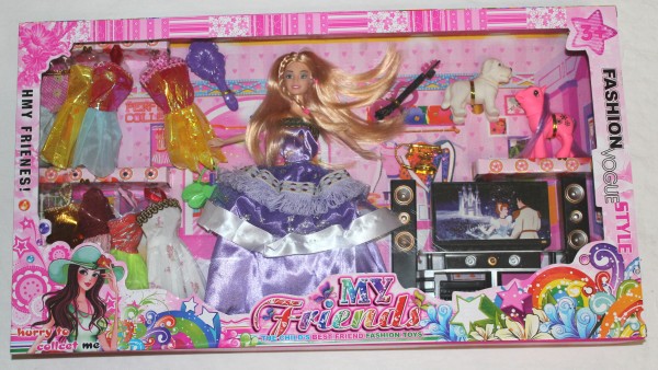 Set: Puppe 30cm Lila groß mit mehreren Kleidern und Puppenzubehör