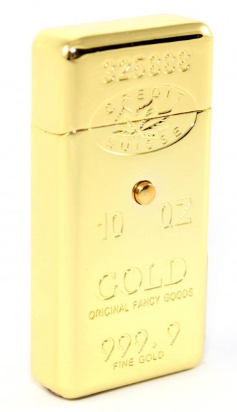 Sturmfeuerzeug Metall Gas Feuerzeug "Goldbarre" mit induktiver Zündung per Knopfdruck und roter Sturmflamme